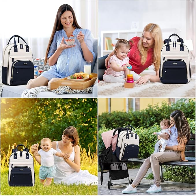 LOVEVOOK Diaper Bag Backpack, Baby Bag with Changing Pad, Large Diaper Backpack Boy Girl, Waterproof Baby Registry Bag for Mom Dad with Stroller Buckles, Dark Blue-beige