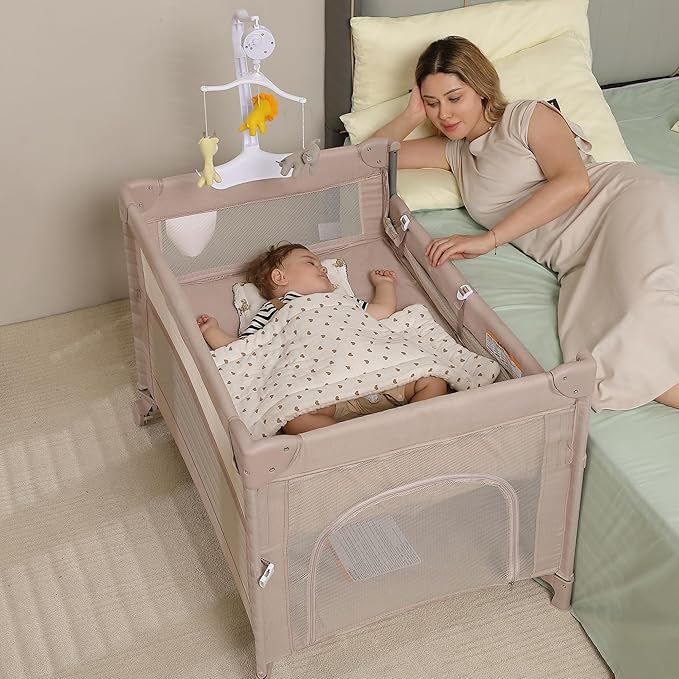 4 in 1 Pack and Play, Portable Travel Baby Bassinet, Foldable Travel Playard Playpen for Toddler, Bedside Crib Sleeper, Diaper Changer Table, Baby Playard for Newborn (Champagne)