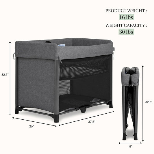 Evolur Zane Portable Playard with Instant Fold, Removable Mattress Cover & Full-Size Zipper Bassinet – Lightweight Travel Crib for Infant (0–18 Months) Grey