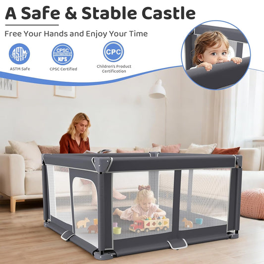 Grobeybees Playpen for Babies and Toddlers, Large Baby Playpen, Playard with Bag, Indoor & Outdoor Play Pen, Sturdy Safety Baby Play Yard with Soft Breathable Mesh (Grey)
