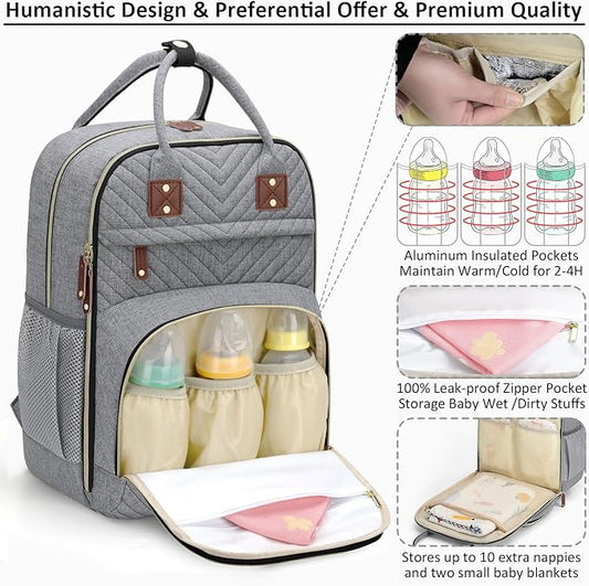Tenot Diaper Bag Backpack for Women with Changing Pad, Baby Bag with Insulated Pockets Multifunctional Diaper Bags For Baby Girl Boy Waterproof Baby Bags For Boys Girls Maternity Bag Grey