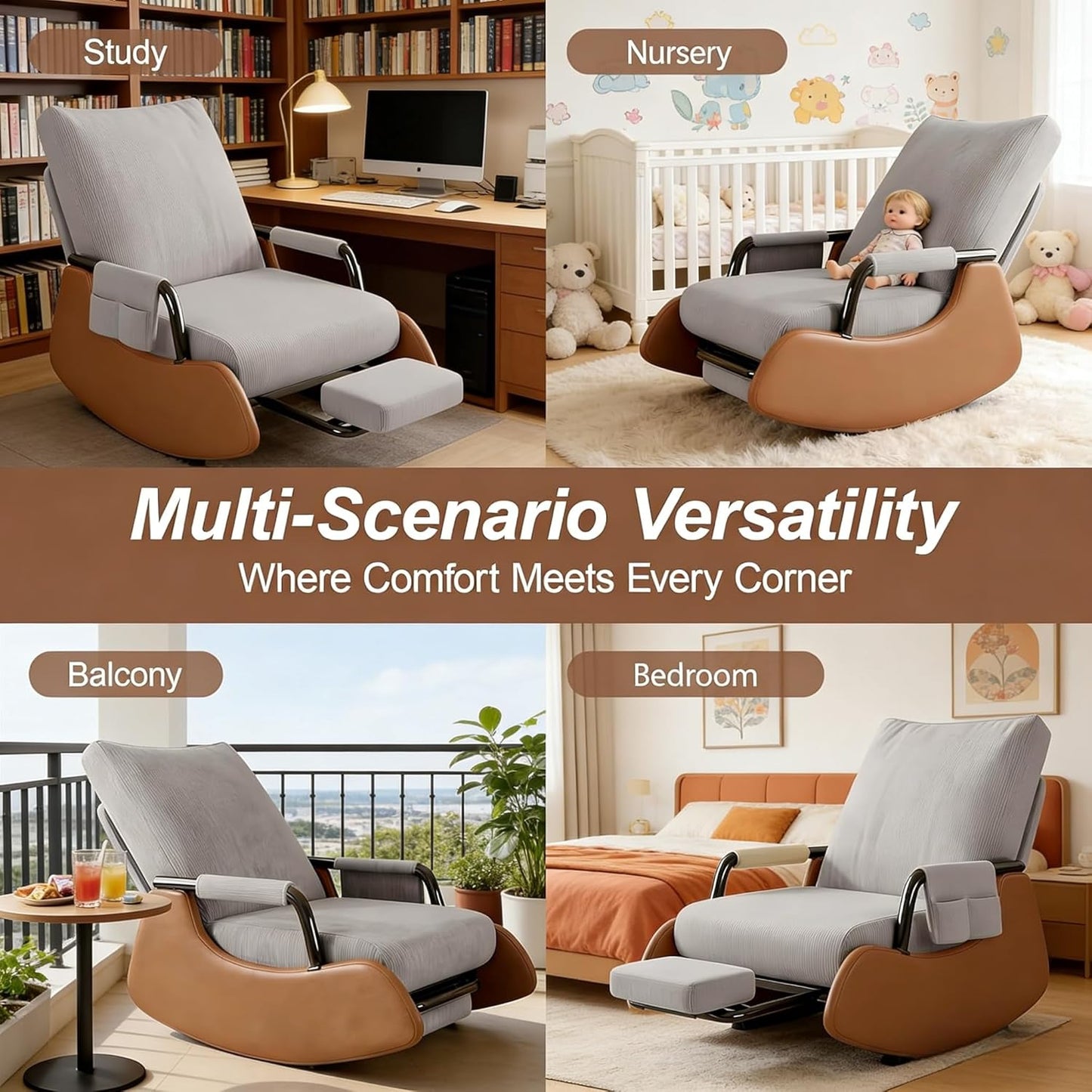 JPBSTO Rocking Chair Nursery, Upholstered Glider Rocking Chair with Side Pocket and Adjustable High Backrest, Comfortable Rocker Recliner with Footrest Perfect for Living Room Bedroom, Beige
