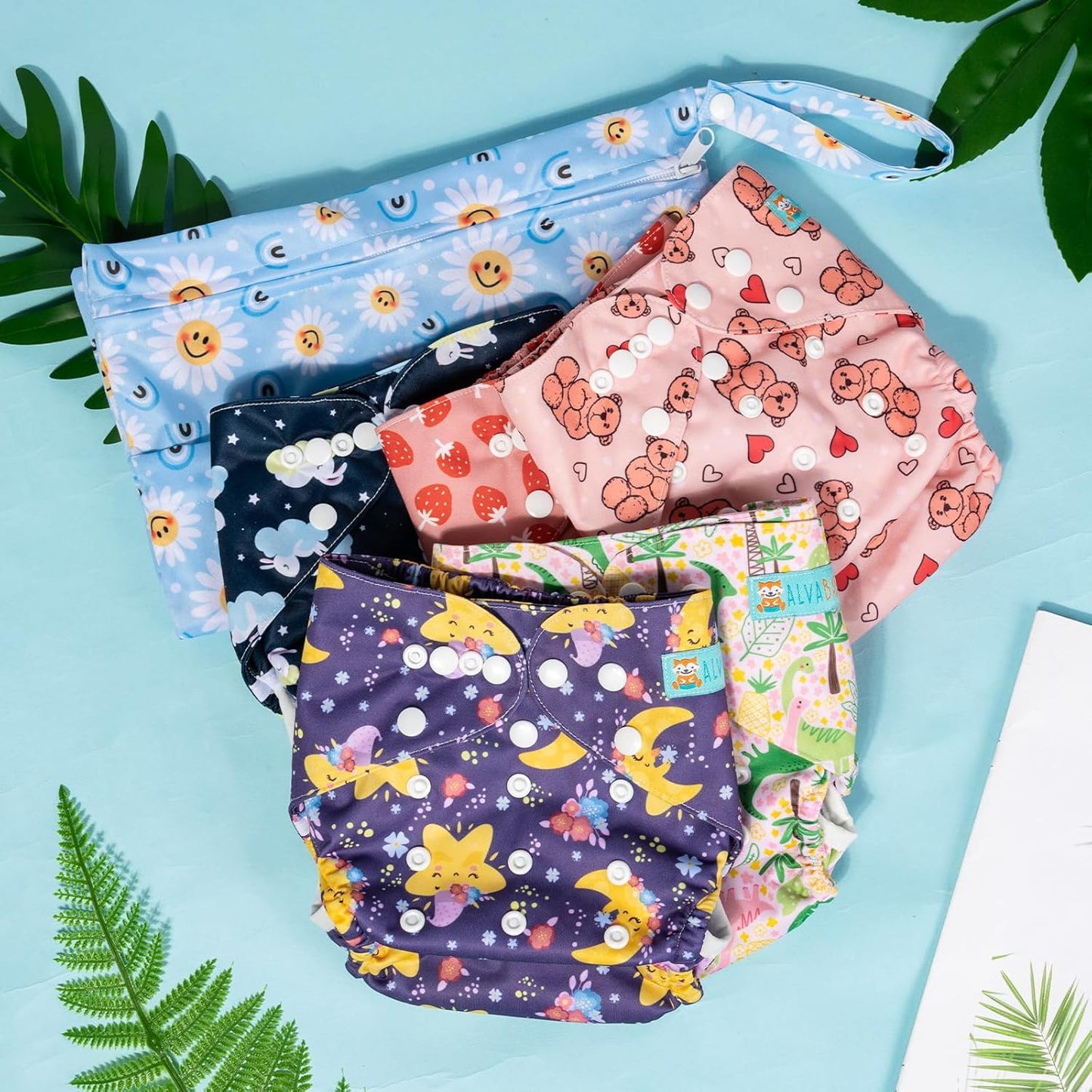 ALVABABY 6pcs Cloth Diaper Covers &1 Wet Dry Bag, Washable Reusable Cloth Nappy Shell for Prefold with Multi-Functional Bag, Flat or Fitted Diaper Inserts 6NKZ06