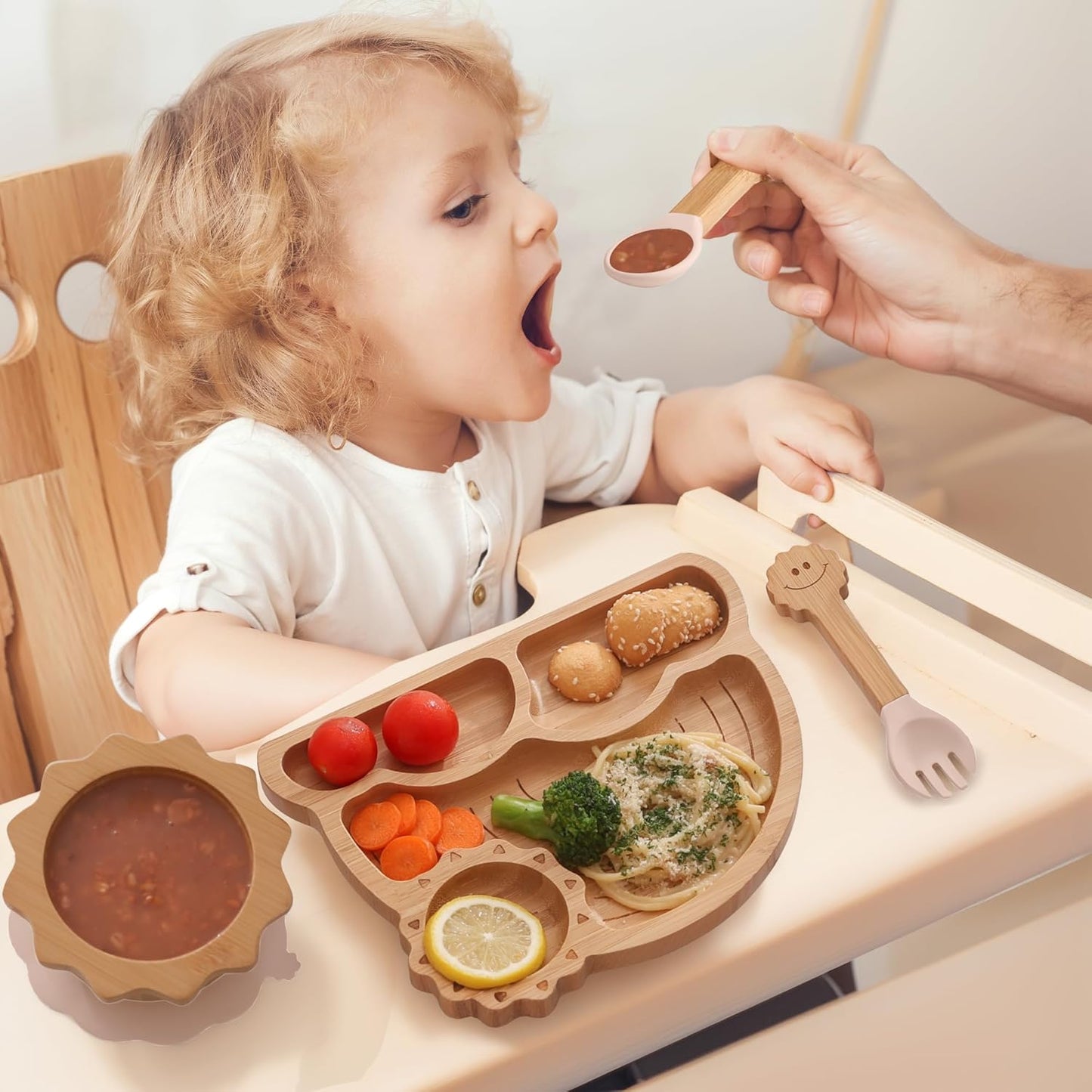 Bamboo Suction Plates Bowls Set for Baby Toddler - Includes Bamboo Bowl, Divided Plate, Silicone Fork & Spoon, All-Natural Baby Feeding Set for Baby-Led Weaning