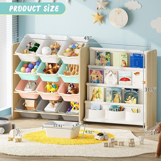 EXPERLAM Kids Toy Storage Organizer with Bookshelf - 12 Multi-Color Bins and 4 Book Shelves, Organizers and Storage for Playroom, Nursery, Room, Burlywood