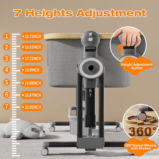 4 in 1Baby Bassinet,Bedside Bassinet for Baby, Rocking Bassinet with Comfy Mattress and Wheels, 7 Height Adjustable Easy Folding Portable Bedside Crib for Newborn