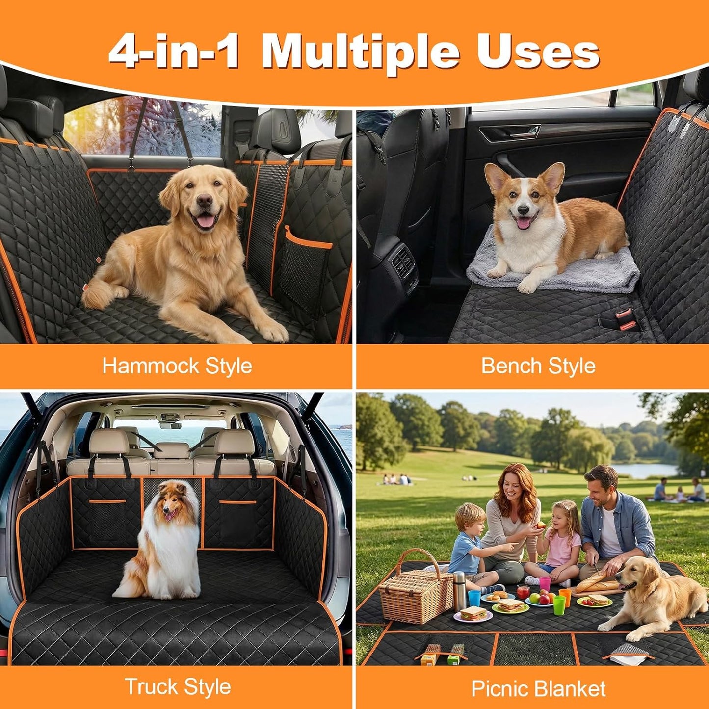 PartsBling 3 in 1 Hard Bottom Car Seat Cover for Dogs, Convertible Double & Single Seat Mode, 400lbs Back Seat Extender, Waterproof Scratch-Resistant Dog Hammock for Cars SUVs Trucks