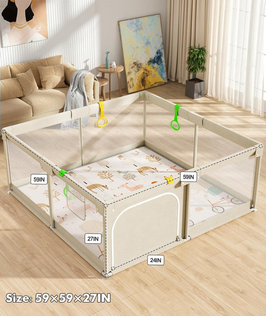 Mloong Baby Playpen with Mat, 59x59 Inches Extra Large Playpen for Babies and Toddlers, Indoor & Outdoor Activity Center, Safety Baby Fence