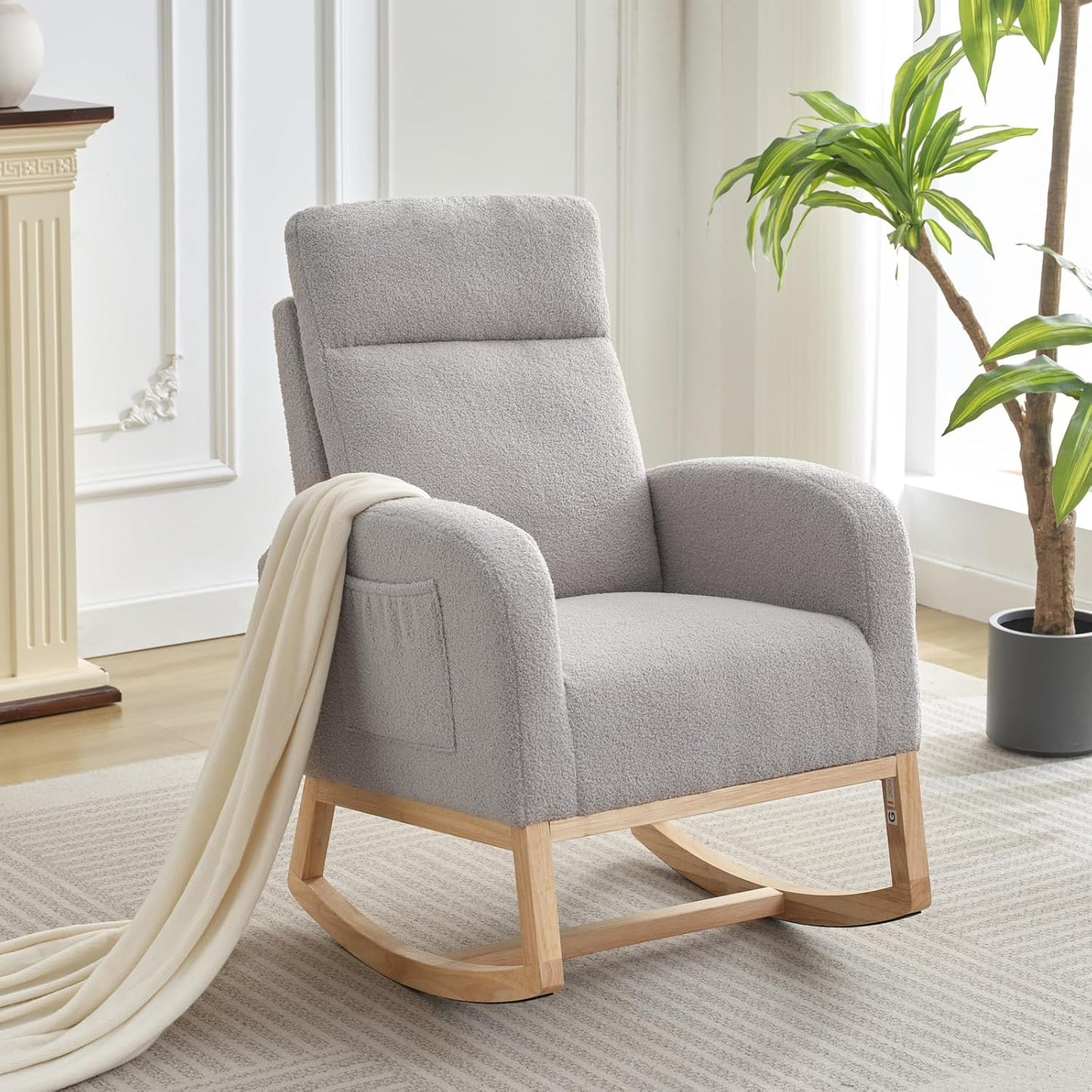 GAOMON Rocking Chair Glider for Nursery, Comfy Rocker Nursery with Side Pocket & High Backrest, Baby Rocking Chair for Breastfeeding, Upholstered Rocker & Living Room, Beige