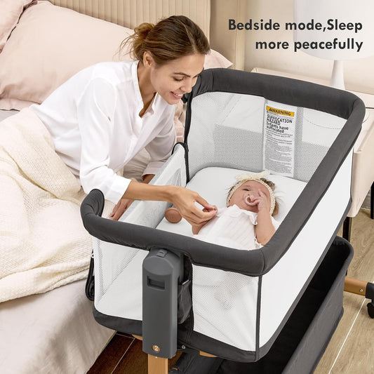 Baby Bassinet Bedside Sleeper, 3-in-1 Rocking Bassinet for Baby with 6-Level Height Adjustable, 4 Wheels & Breathable Mesh Walls, Portable Bedside Bassinet with Mattress for Newborn