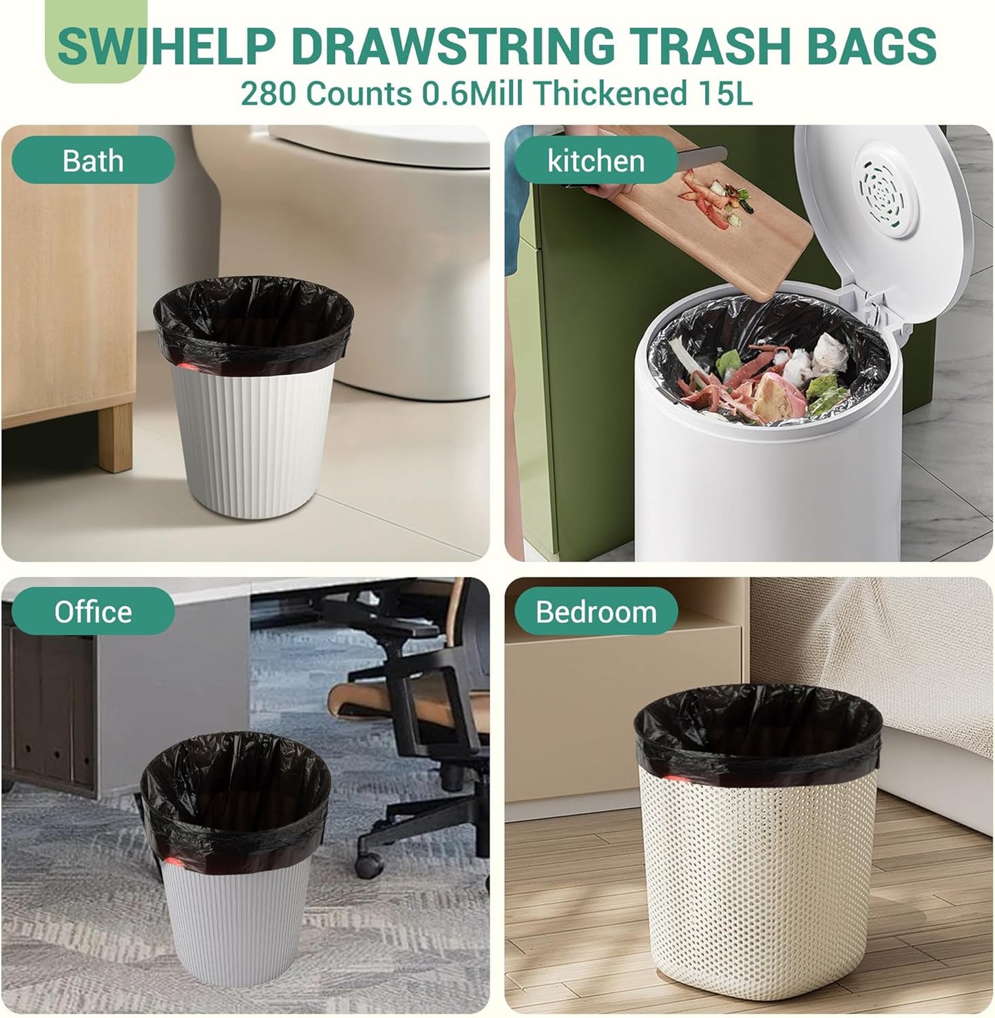 Handle Trash Bags 4 Gallon 100 Counts Small Garbage Bags for Office,Kitchen,Bedroom Waste Bin, Rubbish,Trash Can Liner