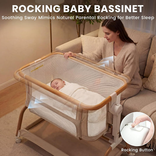 3 in 1 Baby Bassinet,Rocking Bassinets Bedside Sleeper with 6 Adjustable Heights,Breathable Full-Mesh,Comfortable Mattress & Lockable Wheels,Stable Rolling Portable Crib for Newborns(Gray) | Breathable Full Mesh, V-Shaped Structure