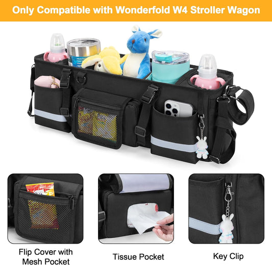 GRAOSO Parent Console Stroller Organizer Compatible with WONDERFOLD W4, with Four Insulated Cup Holders, a Removable Cooler Bag, Special Board Design Make It Not Easy Collapse and Tilting, Black