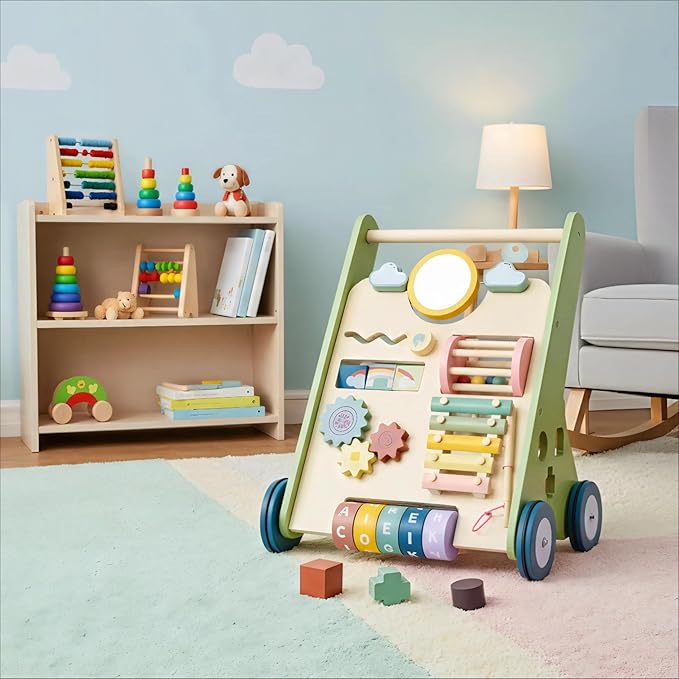 11-in-1 Montessori Baby Walker Toddlers Push Walker Wooden Activity Center Gift for 1 Year Old Boys Girls, Adjustable Speed & Quiet Wheels Learning to Walk Sensory Toys Baby Sit-to-Stand Walking Toys