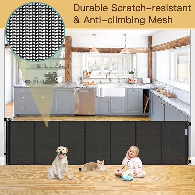 Reinforced 120 Inch Retractable Baby Gates Extra Wide Baby Gate to Prevent Crawling Through, Indoor/Outdoor Retractable Dog Gate, 10ft Scratch-resistant Mesh Child Gates for Doorways Extra Wide, Black