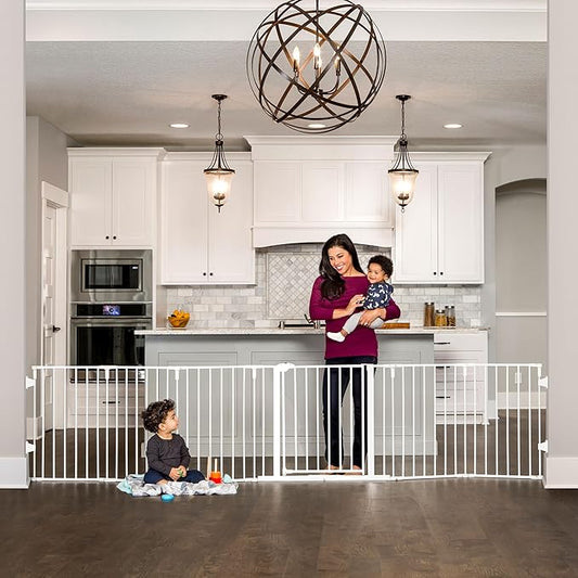 Regalo Safety 56"-130" Super Wide Baby Gate & Play Yard, 2-in-1 Adjustable Safety Gate for Doorways & Bottom of Stairs, Wall Mounted Room Divider, Includes Wall Mount Kit