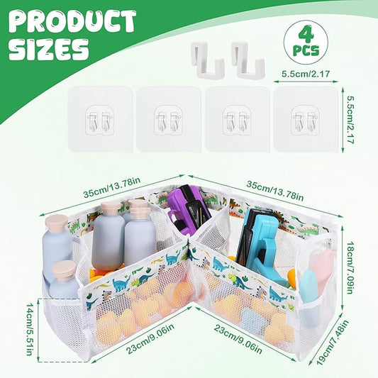 Bath Toy Storage Organizer, 3 Compartment Corner Bath Toy Holder for Tubs, Large Capacity & Quick-Drying Mesh - 4 Strong Adhesive Hooks for Easy Access