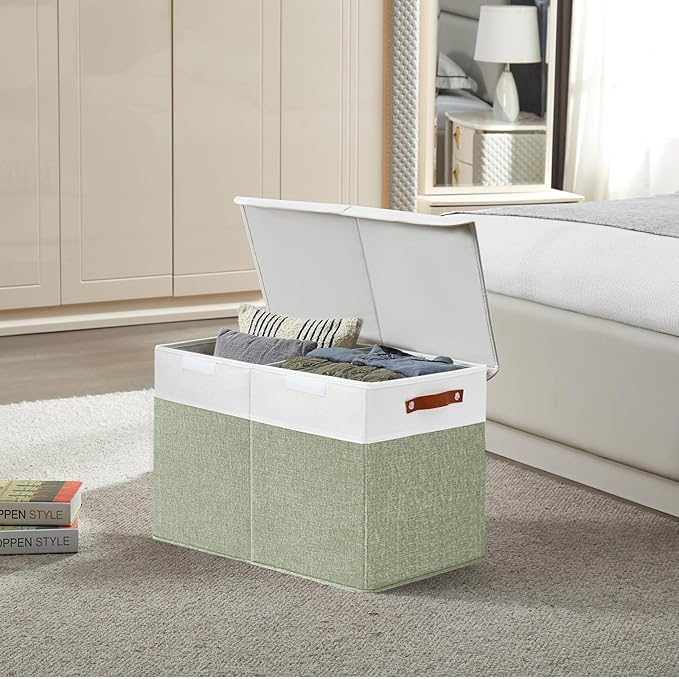 Bagnizer Large Toy Storage Box with Lids, Collapsible Sturdy Baby Storage Organizer Chest Bin Basket for Kids, Boys, Girls, Playroom, Nursery, Bedroom, Closet 25"x13"x16" (Green and White)