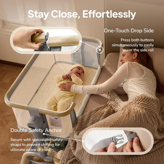 Tinyiota 3 in 1 Baby Bassinet,Rocking Bedside Crib Sleeper for Newborns,Adjustable Height Bassinet with Mattress and Soft,Breathable Sheet,Full-Mesh Sides,Stable&Cozy Crib for Babies
