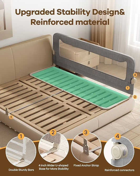 Foldable Bed Rail for Toddlers, 71in Reinforced Carbon Steel Frame&Connectors, Breathable Cationic Fabric - Safety Toddler Bed Rails for Queen, King, Twin, Full, No-Tool Setup.