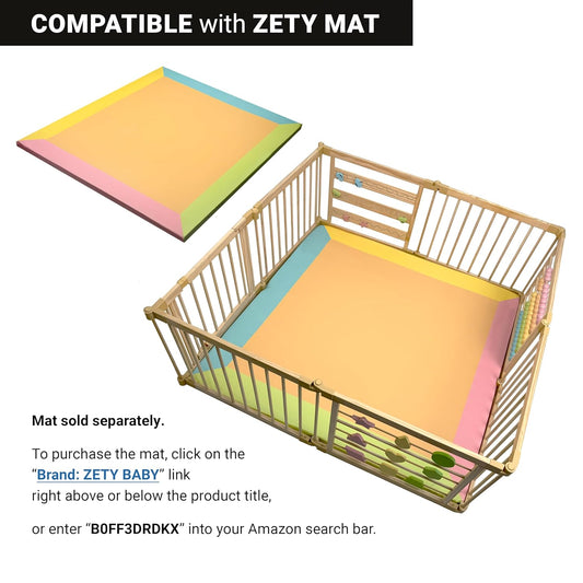 ZETY Natural Wood Baby Playpen – 8 or 10 Panel Foldable Play Yard with Door Panel and Built-in Toys, CPC Certified & SGS Tested