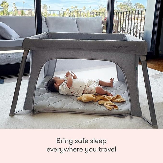 Newton Baby Compact Travel Crib & Play Yard | Breathable & Washable Mattress, Foldable Carry-On Size, Backpack Straps, Grey, Newton Bassinet Attachment NOT Included or Compatible