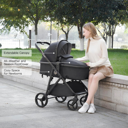 Gromast 3-in-1 Baby Stroller, Convertible Stroller for Newborn Infant Toddler with Reversible Seat, UPF 50+ Canopy & Cup Holder - Black