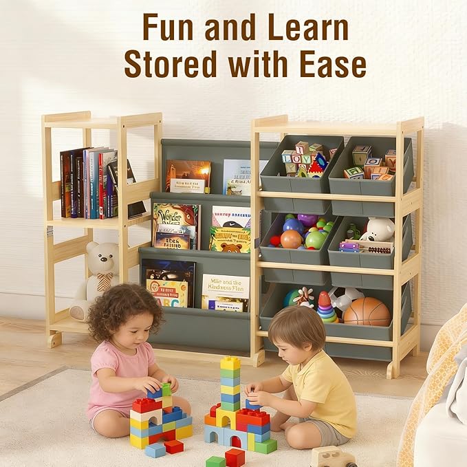 Kids Bookshelf and Toy Storage Organizer with 3-Tier Book Display and Shelves, Kids Toy Organizers and Storage with Bins, Book Shelf for Kids Rooms, Playroom Decor for Toddler Bedroom Nursery