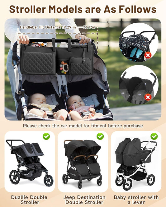 kcross Double Stroller Organizer Bag for Bob Duallie and Baby Jogger City Mini Gt2, Double Stroller Caddy Organizers with Cup Holder,Parent Console Stroller Accessories with Cooler Pockets
