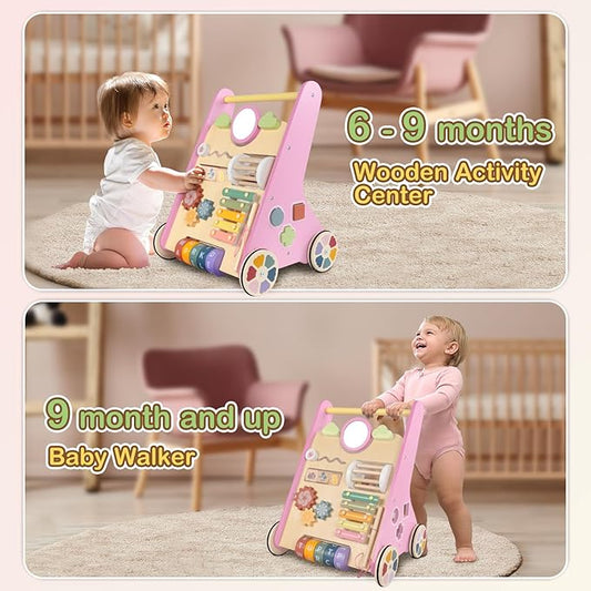 Baby Walker with Wheels, Wooden Push Walker Toys for Babies 10-12 Months, Baby Girl Walking Activity Toys for 1 Year Old