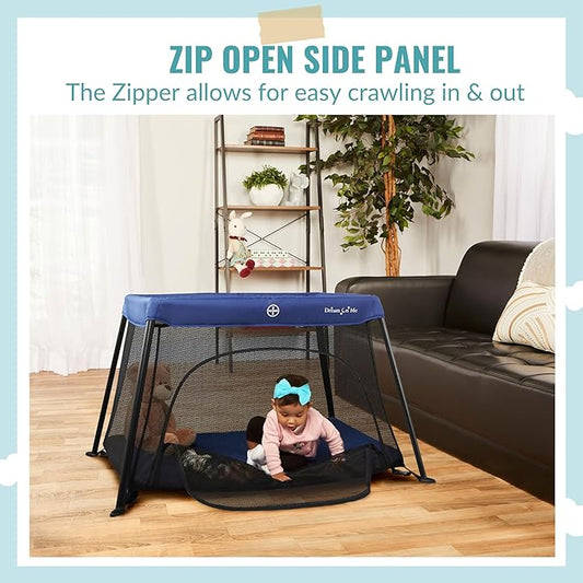 Dream On Me Travel Light Baby Playard with Zipper Access Door, Breathable Mesh Sides with Soft Comfortable Mattress, Easy Fold Design with Travel Carry Bag, Compact Space Saving Design - Navy