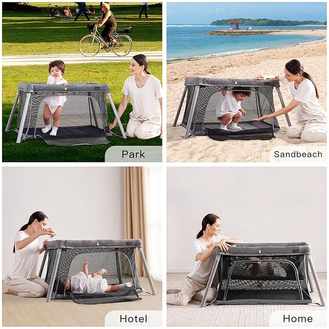 Gromast 2 in 1 Portable Travel Crib for Toddler, Foldable Crib for Baby, Lightweight Playpen Collapsible Playard with Soft Mattress, Easy to Carry Baby Travel Bed for Outdoor, Indoor (Grey)