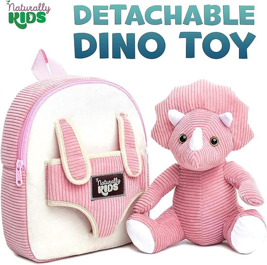 Naturally KIDS Pink Triceratops Toy, Triceratops Stuffed Animal for 2 3 4 5 Year Old Girl, Stuffed Dinosaur for Girls, Pink Toddler Backpack