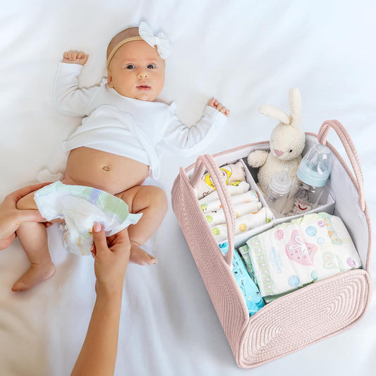 Diaper Caddy Organizer for Baby, Cotton Rope Baby Gift Basket, Portable Diaper Organizer for Changing Table, Diapers Nursery Storage Organizer for Travel, Camping, Green Baby Shower Gifts for Newborn