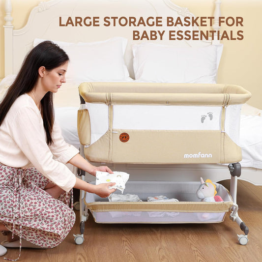 Baby Bassinet, Bedside Sleeper for Newborns Convertible Co-Sleeper Crib with Breathable Mesh, 6-Level Height Adjustment, Built-In Storage, Foldable Portable Bassinet for Home or Travel, Pink & Purple