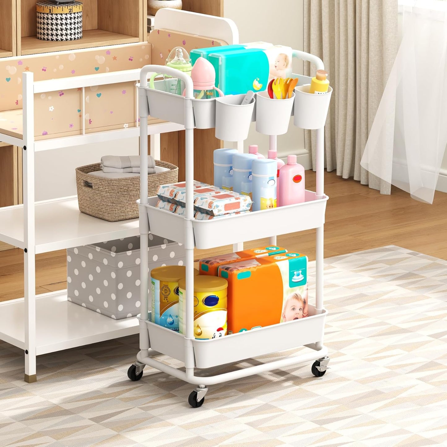 3-Tier Baby Diaper Caddy Organizer Cart with Locking Wheels & Hanging Cups - Rolling Storage Cart for Nursery, Changing Table, Baby Essentials,White