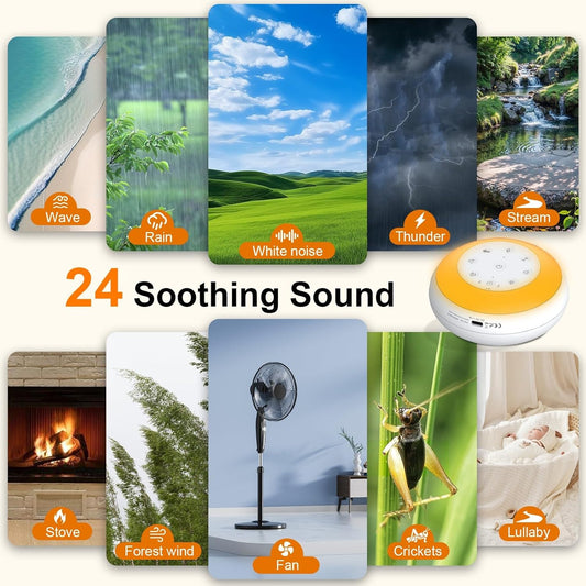 Portable White Noise Sound Machine for Baby, Kids, Adults Sleep - 24 Soothing Natural Sounds, 7 Color Night Light, Portable Wireless Bluetooth Speaker for Home, Travel, Nursery, Office