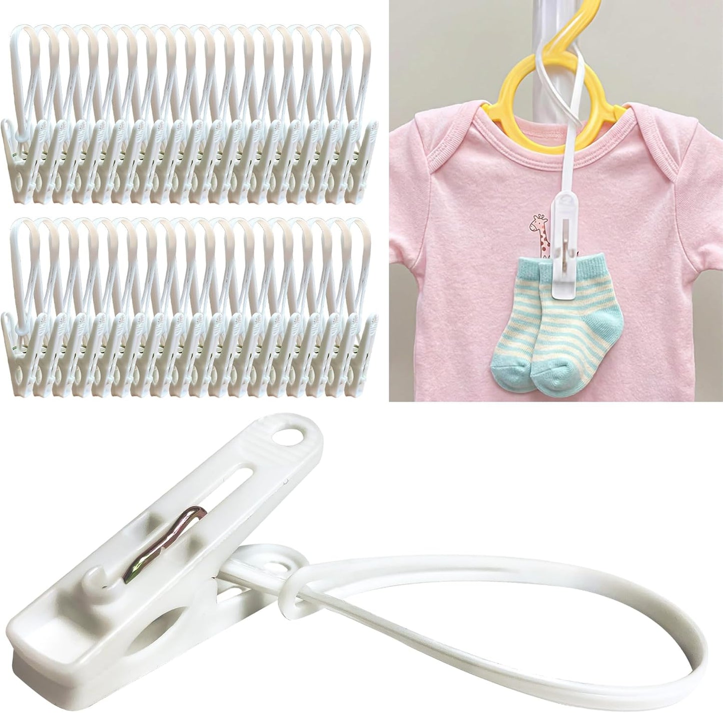 HASHI Baby Clothes & Pants Clips, Non-Slip Hanger Clips with Strong Grip, Space-Saving Organizer for Baby & Toddler Laundry, Closet, Socks, Stroller, Travel & Drying Rack (60, Standard)