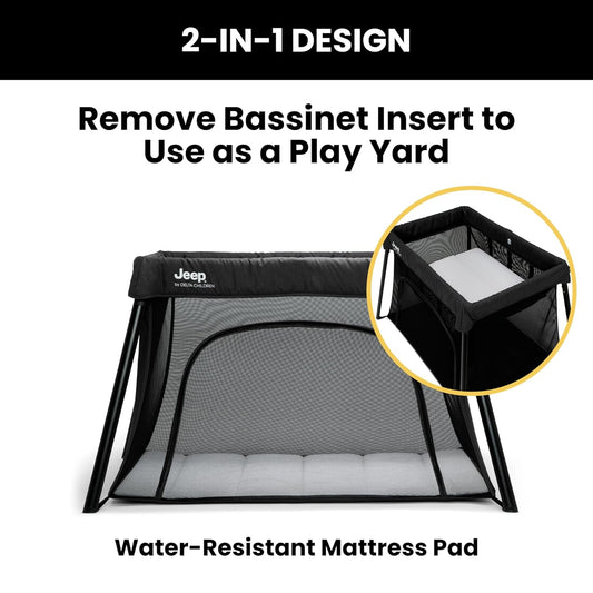 Jeep Horizon Compact Travel 2-in-1 Play Yard and Bassinet, Black