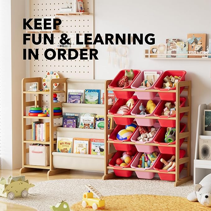 SpaceAid 3-in-1 Toy Storage Organizer with 4 Shelves and 12 Bins, Toy Organizers Storage 3-Tier Bookshelf, Kids Bin Shelf Box Bookcase for Bedroom Playroom Organization Room Decor, Red and Pink