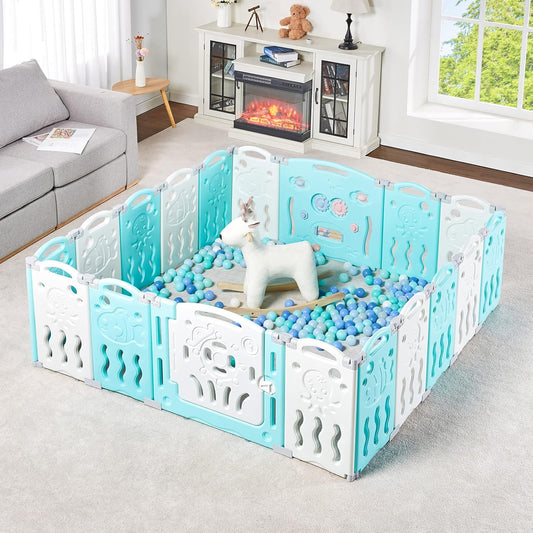 Albott Baby Fence Kid Playpen 18 Panel Albott Play Yard - Foldable Kids Safety Activity Center Playard Safety Lock Gate,Adjustable Shape, Portable Design for Indoor and Outdoor (18 Panel, Grey+White)