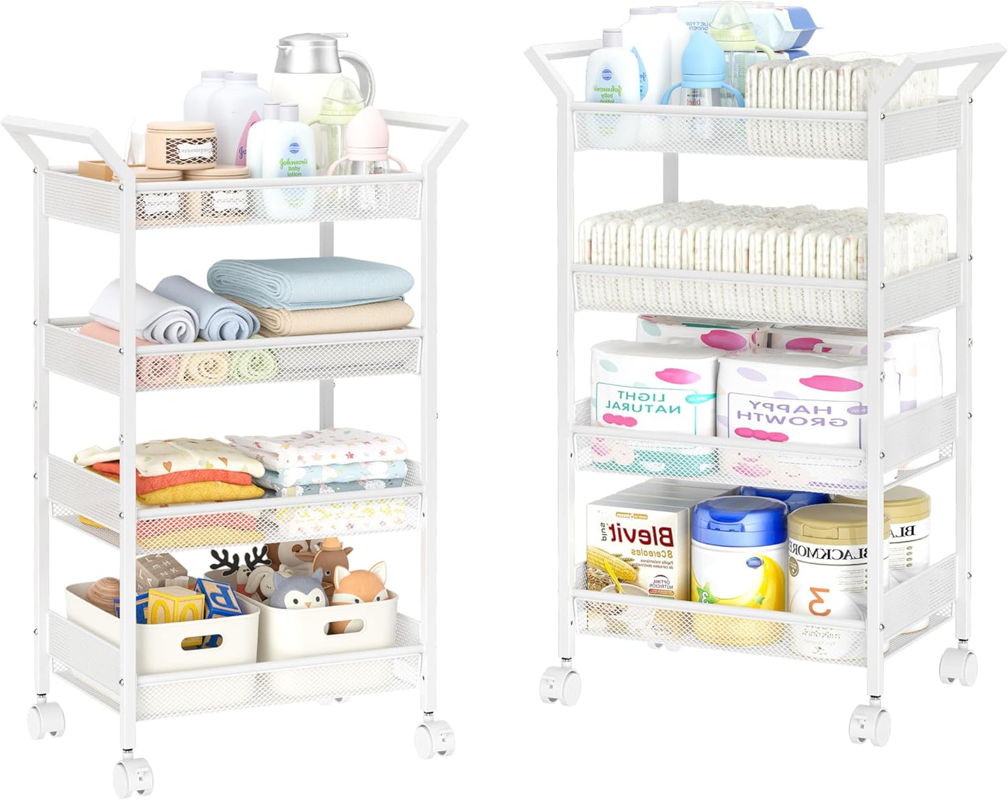 Baby Diaper Caddy Cart, 4-Tier Diaper Caddy Organizer and Storage, Rolling Utility Cart for Baby Supplies, Diaper Cart with Wheels for Bedroom, Nursery, Changing Table, White