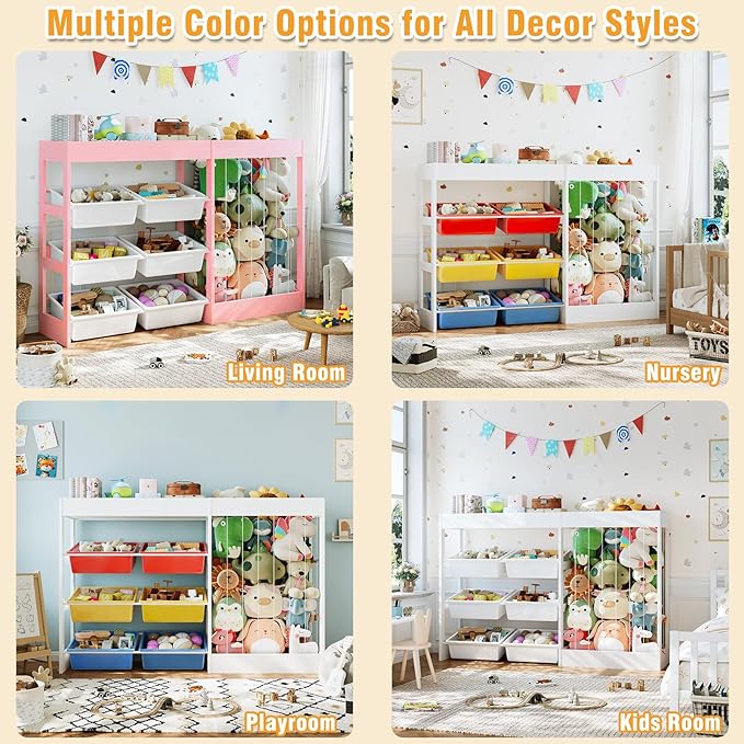 50.6" W Toy Organizers and Storage, 3-in-1 Kids Toy Storage Cabinet with Stuffed Animal Holder, 6 Plastic Removable Bins, Wooden Shelf for Girls Boys Playroom, Nursery, Kids Room(Pink)