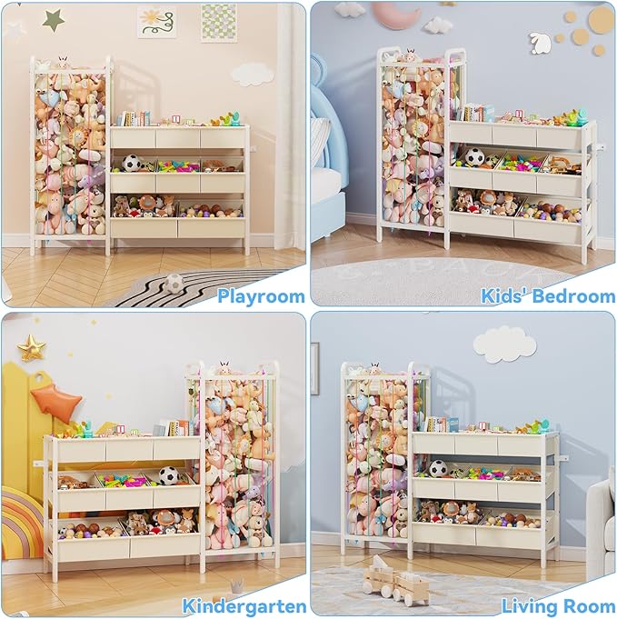 B6 Toy Storage Organizer with Stuffed Animal Storage, 3-Tier Wooden Shelves and 8 Bins, Toy Shelf Organizer, Kids Bookshelf and Toy Storage for Kids Room, Bedroom, Playroom, Nursery, White