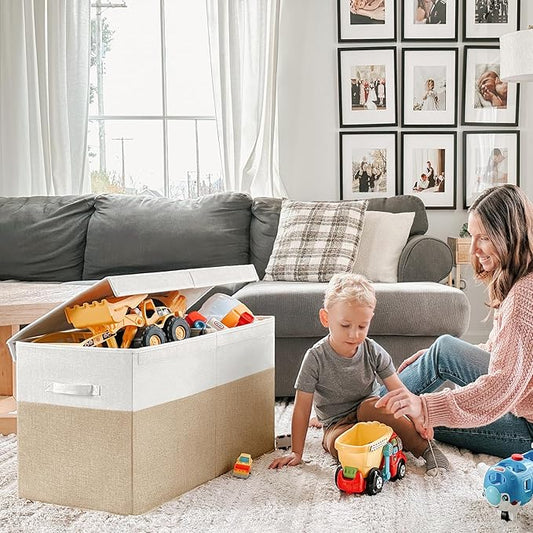 INDRESSME Large Toy Box with Lid, Collapsible Toy Storage Organizer Chest with Divider, Foldable Toy Bin for Kids Boys Girls Playroom Nursery Bedroom Living Room 25"x16"x13" (Beige & White)