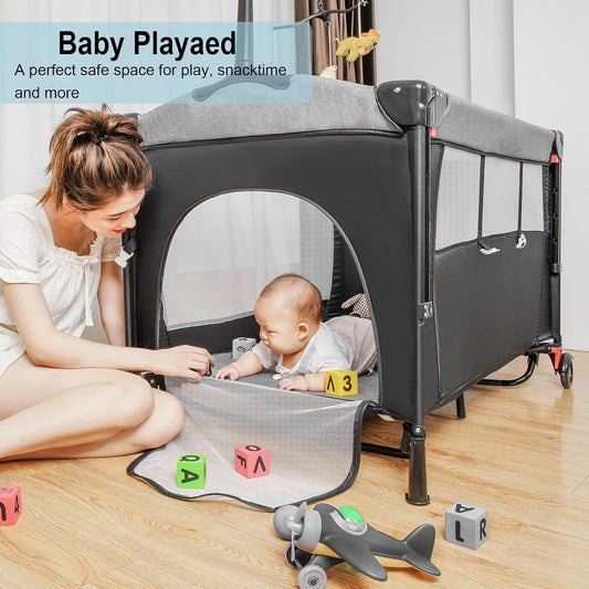 5-in-1 Pack and Play, Baby Bassinet Bedside Sleeper with U-Shaped Diaper Changer, Portable Toddler Playard for Newborn Toddlers, Baby Crib with 4 Adjustable Height, Carry Bag,Easy to Install (Grey)