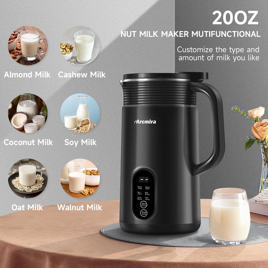 Arcmira 𝟲 𝗶𝗻 𝟭 Nut Milk Maker, 20 oz(600ml) Homemade Almond, Oat, Soy, Coconut, Plant Based and Non Dairy Beverages, Milk Blender Machine with Delay Start, Keep Warm, Boil Water, Self Cleaning