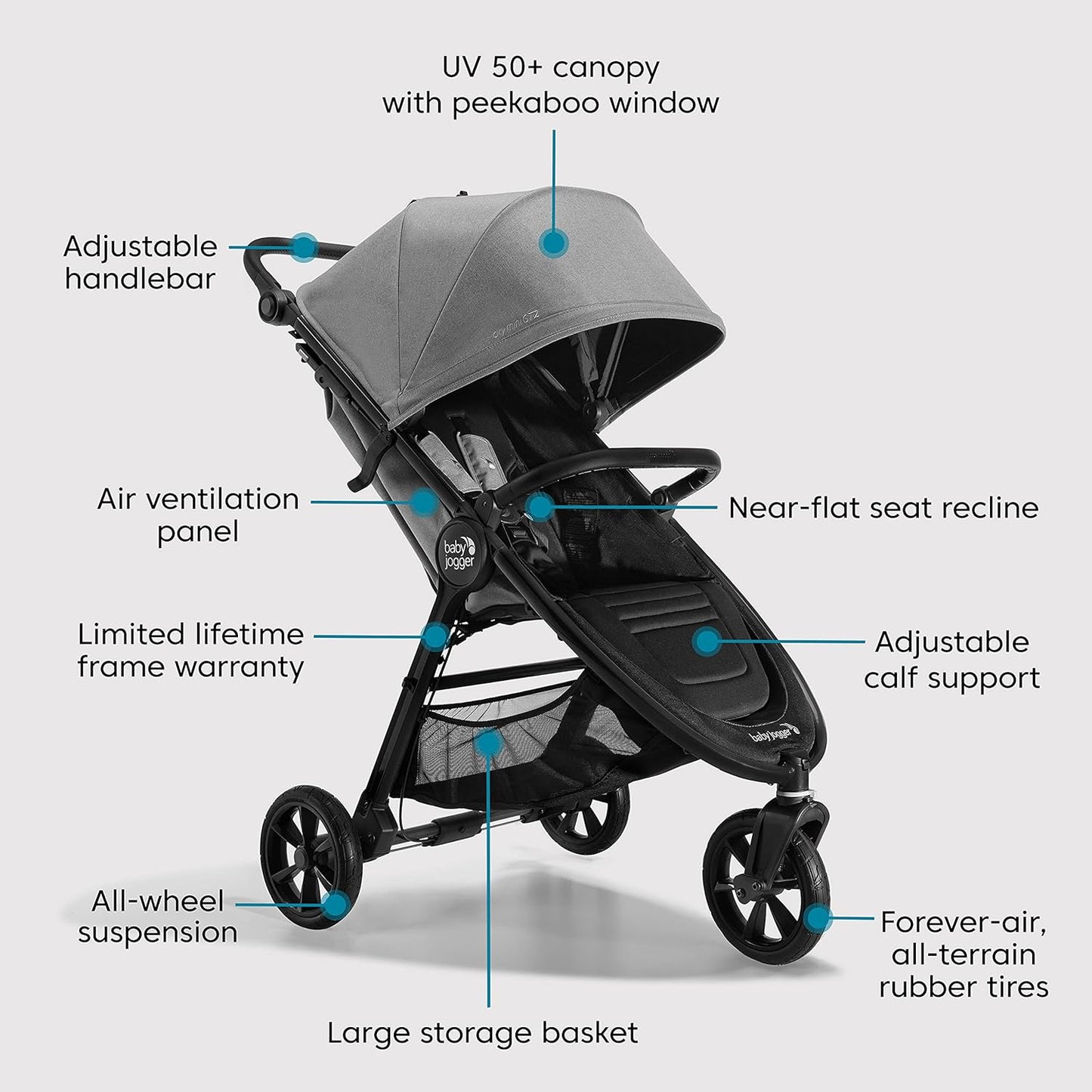 Baby Jogger City Mini GT3 All Terrain Baby Stroller with Forever Air Rubber Tires, All Wheel Suspension, Lightweight Stroller with Magnetic Buckle, No-Rethread Harness, and Foot Brake, Frosted Ivory