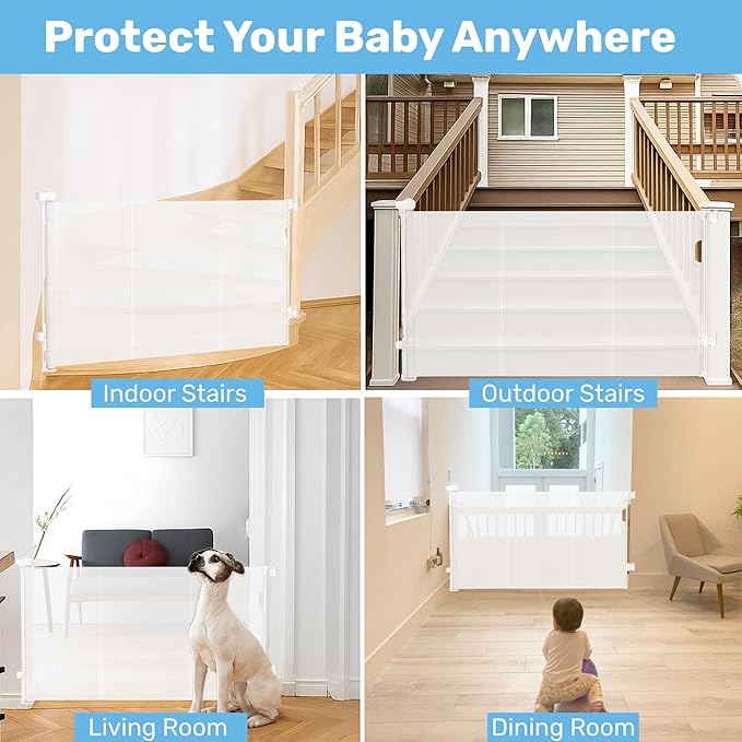 Baby Proof Me Retractable Baby Gates for Stairs & Doorways - 71” Wide Mesh Safety Gate for Toddlers, Dog & Pets - Use for Indoor/Outdoor, Hallways, Deck, Porch - Easy Installation, Secure Closure