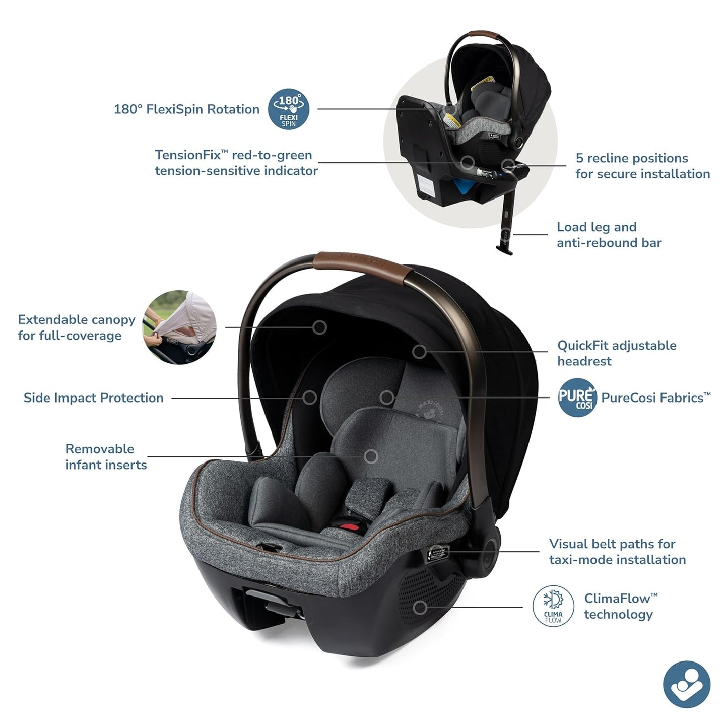 Maxi-Cosi Peri 180 Rotating Infant Car Seat, Baby Car Seat Rotating Carseat, Swivel Car Seat, Onyx Wonder